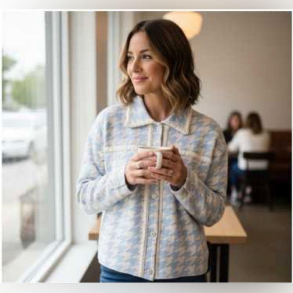 Rachel Zoe Blue & Cream Houndstooth Button Jacket